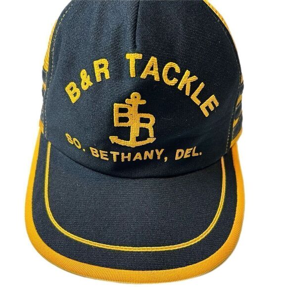 Vtg 3 Three Stripe Trucker Hat Fishing Tackle Black Yellow Snapback Mesh Cap USA - Picture 2 of 9